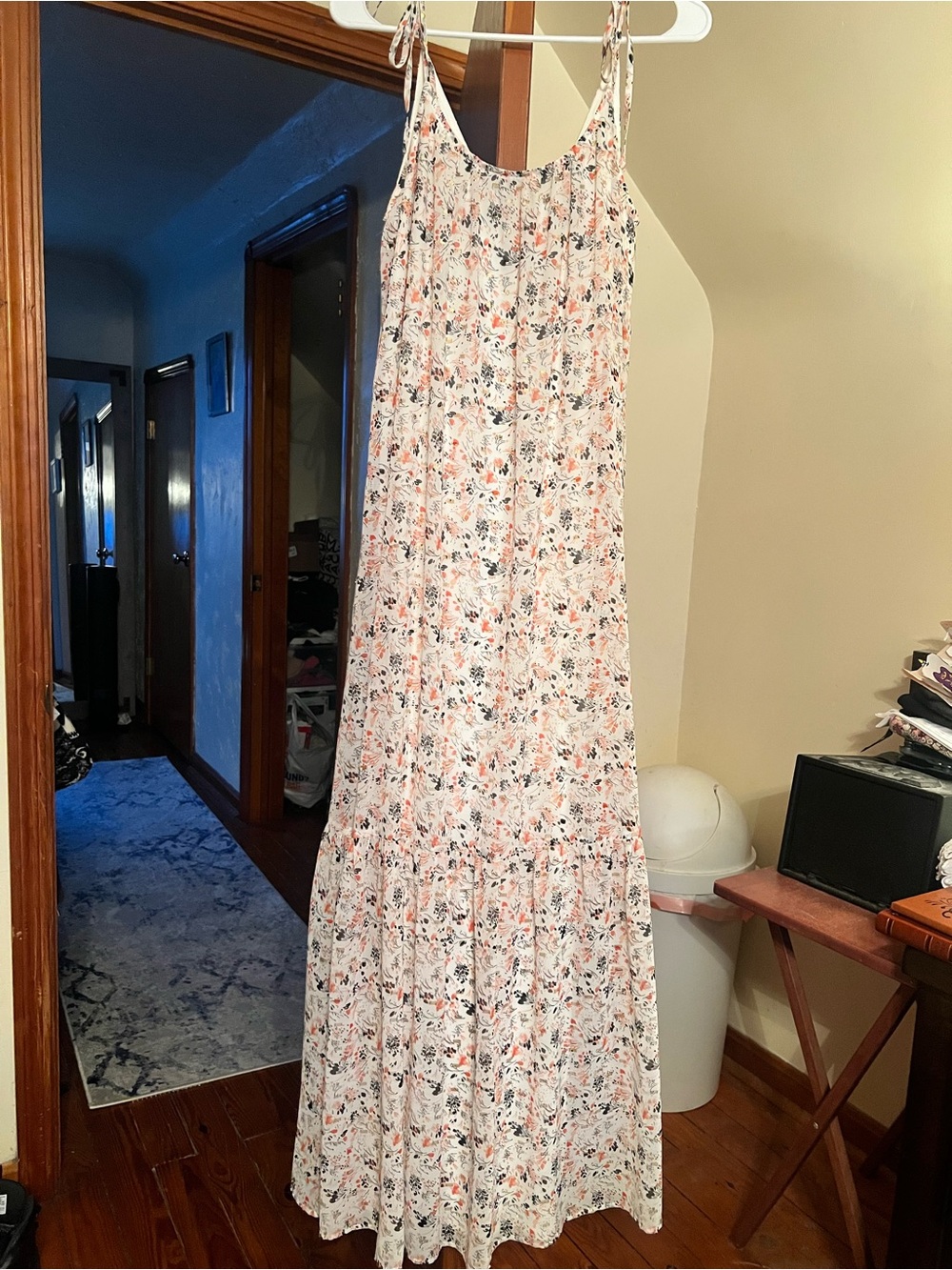 Floral Tie-Strap Maxi Dress in Cream and Coral